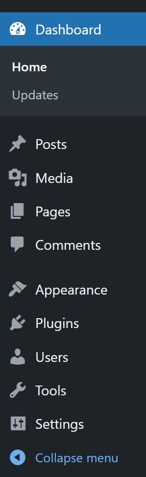 A view of the WordPress dashboard highlighting the backend menus, including Posts, Media, Pages, Appearance, Plugins, Users, Tools, and Settings.